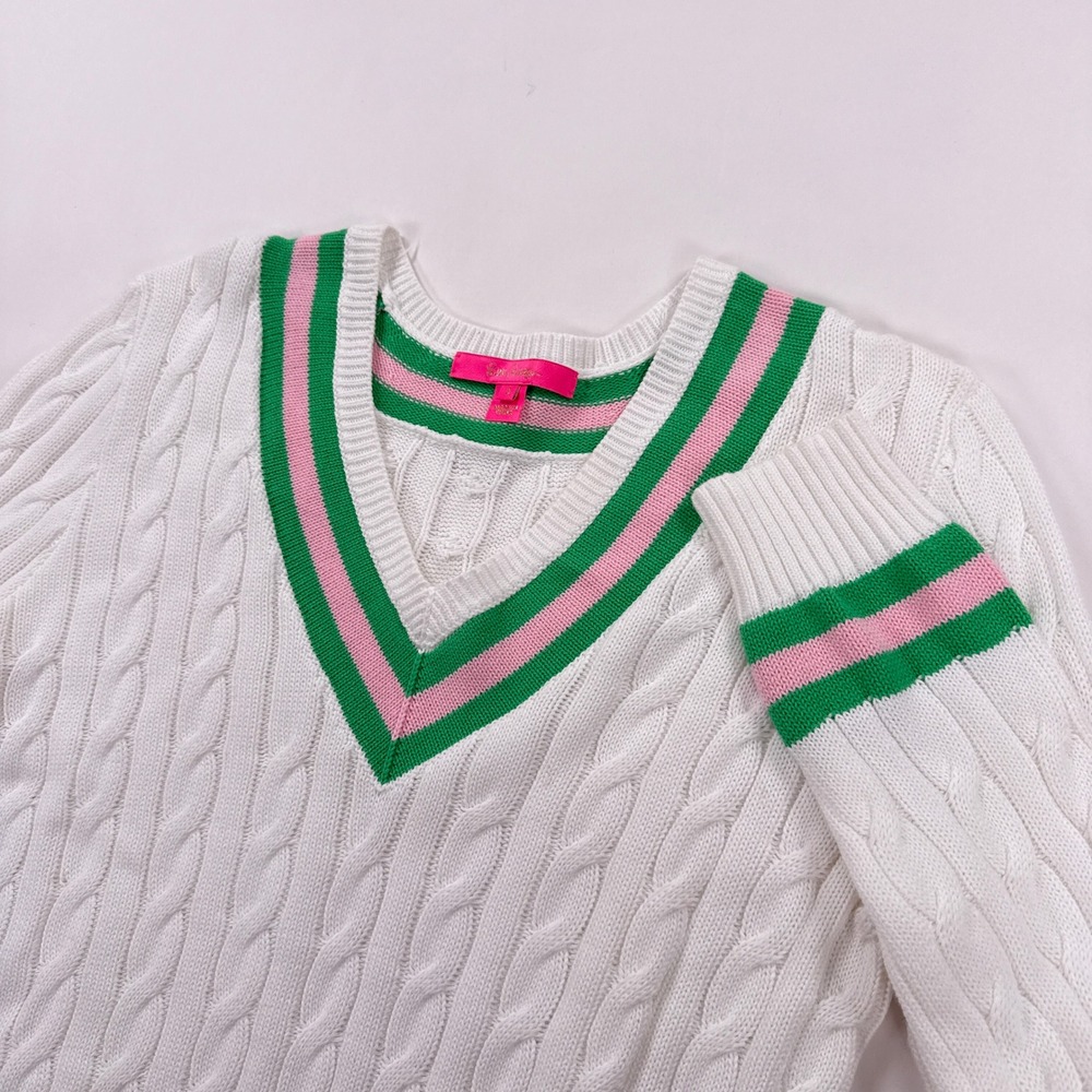 Lilly Pulitzer Brockton Sweater Small White Green Cable Knit V Neck Pink Tennis